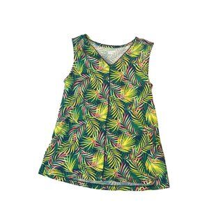 Lands End Sleeveless Tropical Print V-Neck Top S/P Green & Pink 1737